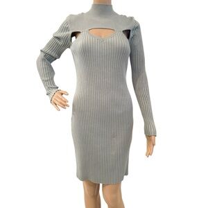 Cliche grey ribbed long-sleeve cut-out bodycon midi dress.